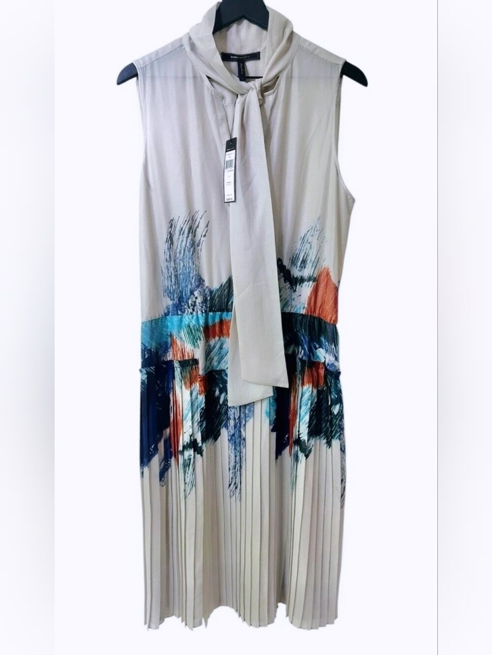 Bcbg Maxazaria Water color Sleeveless Tie-Neck Pleated Dress M